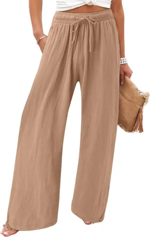 utcoco Wide Leg Linen Pants for Women Casual Loose Fit High Waisted Pants with Drawstrings