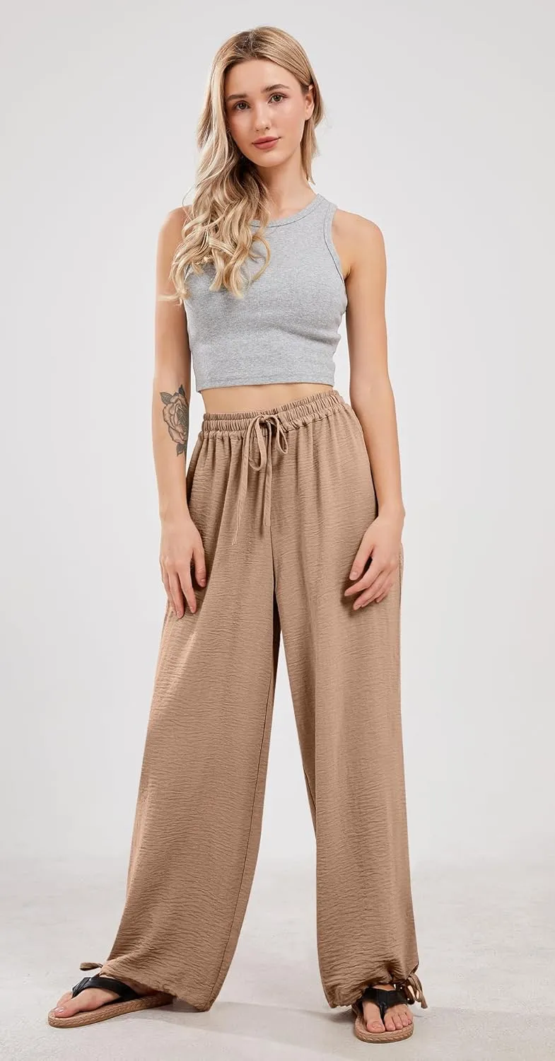 utcoco Wide Leg Linen Pants for Women Casual Loose Fit High Waisted Pants with Drawstrings