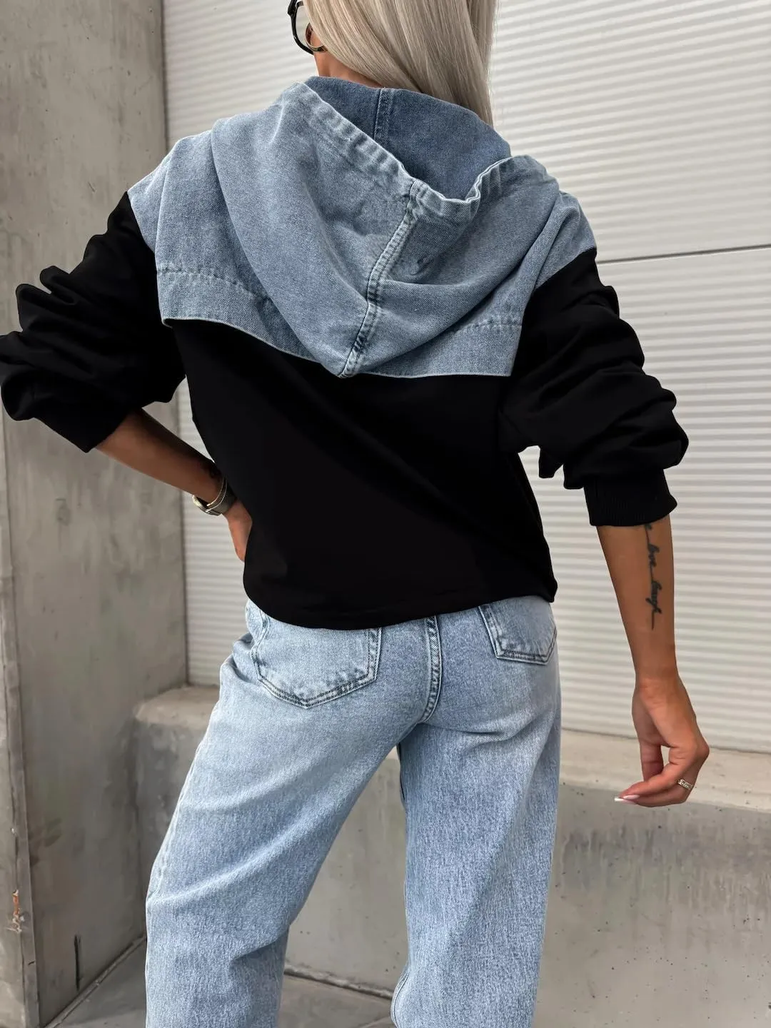 utcoco Womens Denim Patchwork 1/4 Zip Hoodies 2024 Fall Fashion Oversized Long Sleeve Sweatshirt Pullover Tops