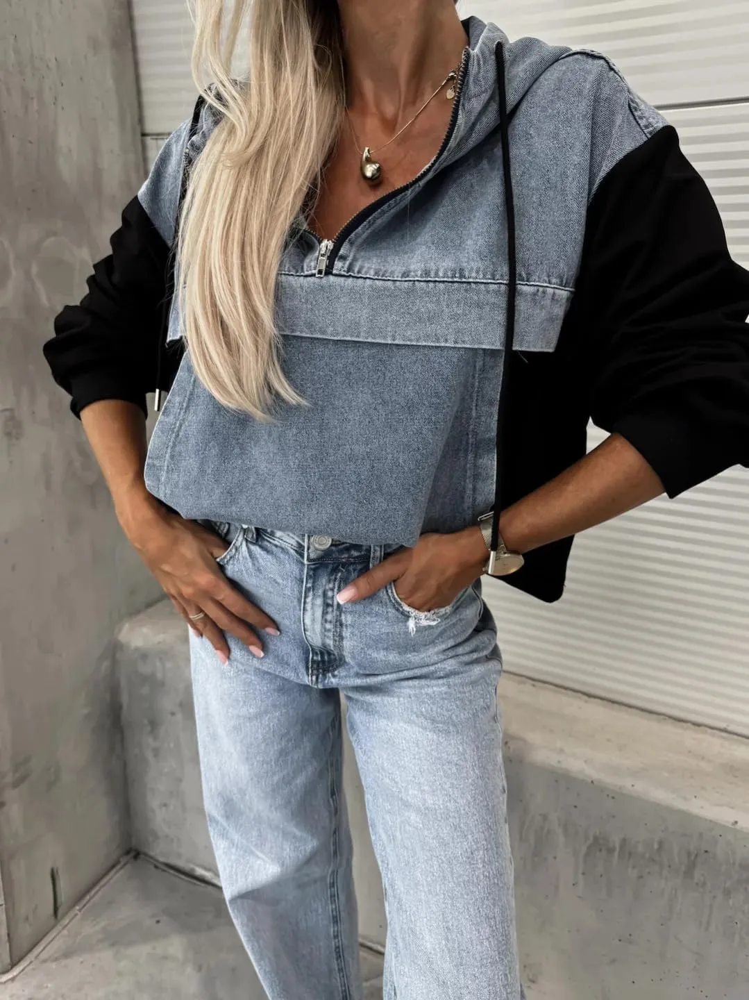 utcoco Womens Denim Patchwork 1/4 Zip Hoodies 2024 Fall Fashion Oversized Long Sleeve Sweatshirt Pullover Tops