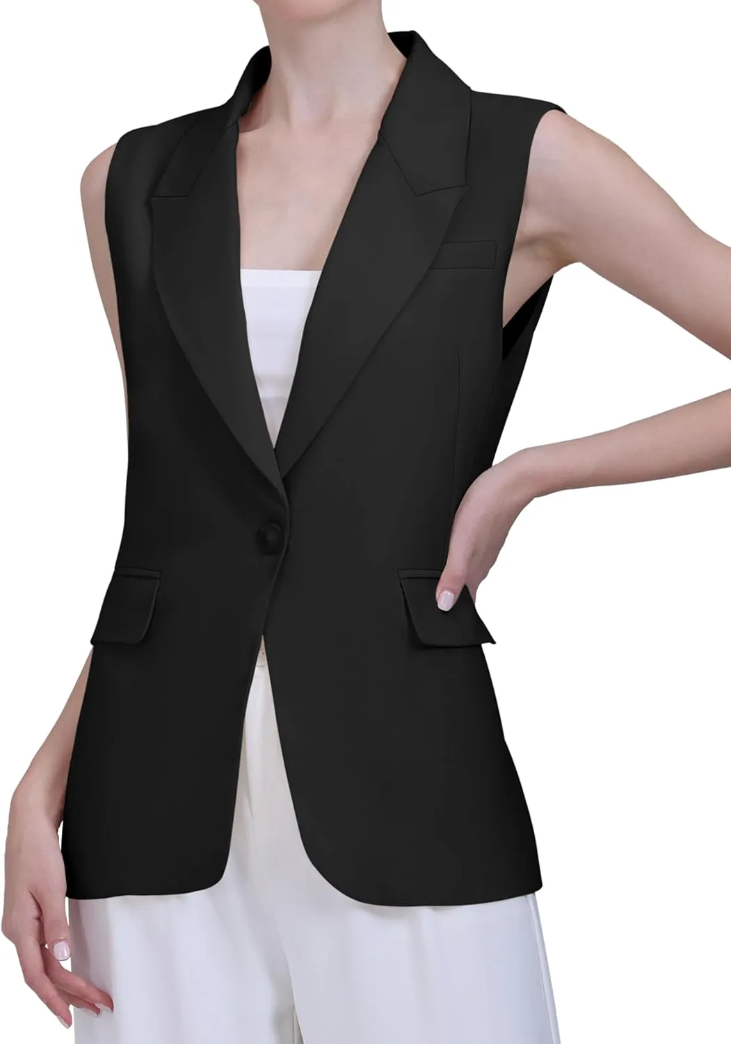 V VOCNI Sleeveless Blazer Vest for Women Vest Top Fully Lined One Button Casual Office Suit Vest Waistcoat