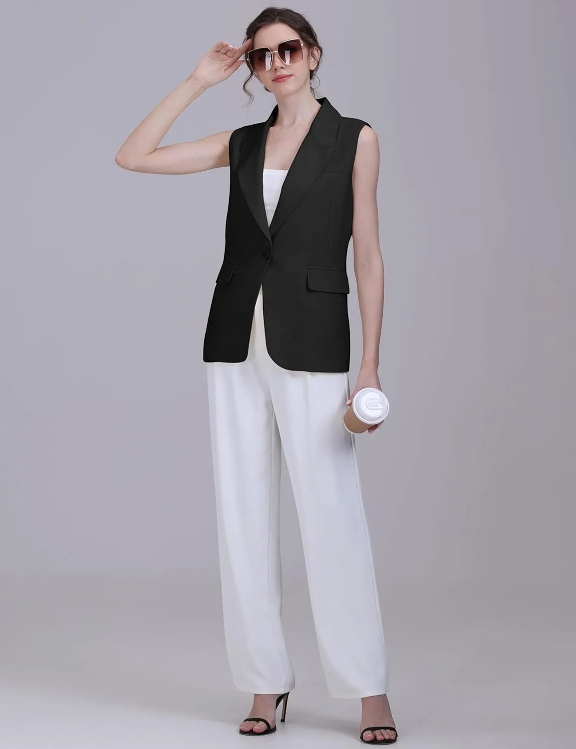 V VOCNI Sleeveless Blazer Vest for Women Vest Top Fully Lined One Button Casual Office Suit Vest Waistcoat