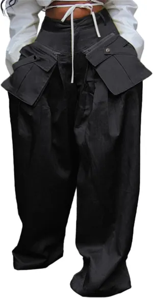 Vakkest Women's Casual Satin Cargo Pants Baggy Wide Leg Folds Pants Streetwear High Waist Palazzo Trousers with Flap Pockets