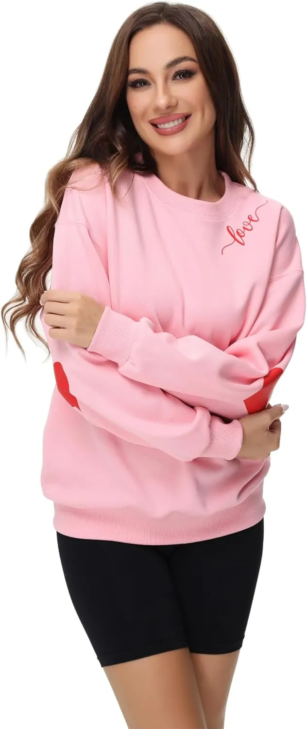 Valentine Day Sweatshirt For Women Love Heart Printed Pullover Sweatshirt Cute Long Sleeve Crew Neck Casual Tops