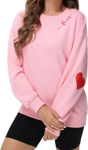 Valentine Day Sweatshirt For Women Love Heart Printed Pullover Sweatshirt Cute Long Sleeve Crew Neck Casual Tops
