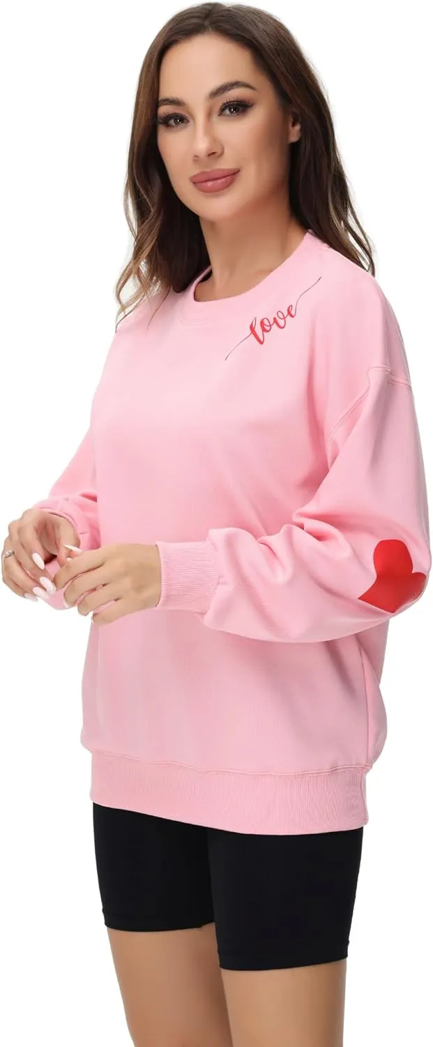 Valentine Day Sweatshirt For Women Love Heart Printed Pullover Sweatshirt Cute Long Sleeve Crew Neck Casual Tops