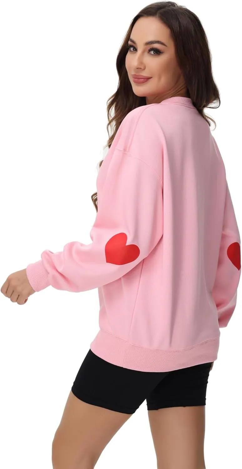 Valentine Day Sweatshirt For Women Love Heart Printed Pullover Sweatshirt Cute Long Sleeve Crew Neck Casual Tops