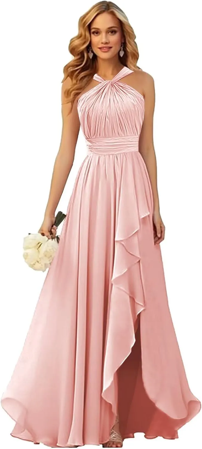 VCCICANY Halter Bridesmaid Dresses for Women Chiffon Ruffle Ruched Long Formal Dress with Slit