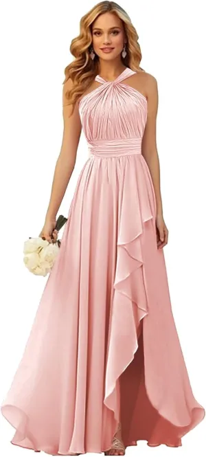 VCCICANY Halter Bridesmaid Dresses for Women Chiffon Ruffle Ruched Long Formal Dress with Slit