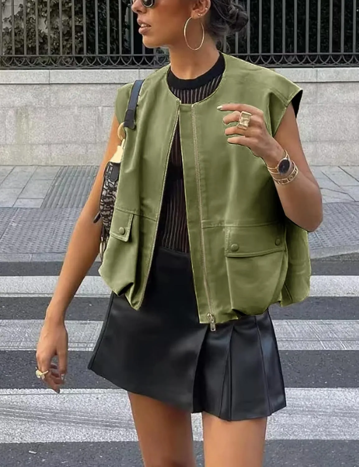 Vest Tops For Women Casual Zip Up Vest Cargo Oversized Ruched Hem Sleeveless Blazer Jackets Tops M-XL