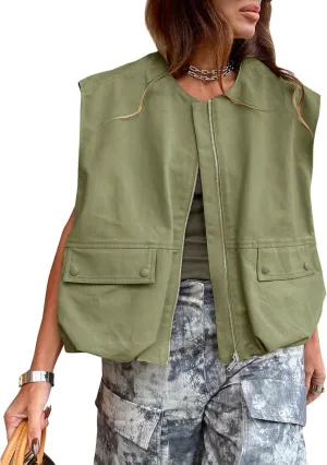 Vest Tops For Women Casual Zip Up Vest Cargo Oversized Ruched Hem Sleeveless Blazer Jackets Tops M-XL