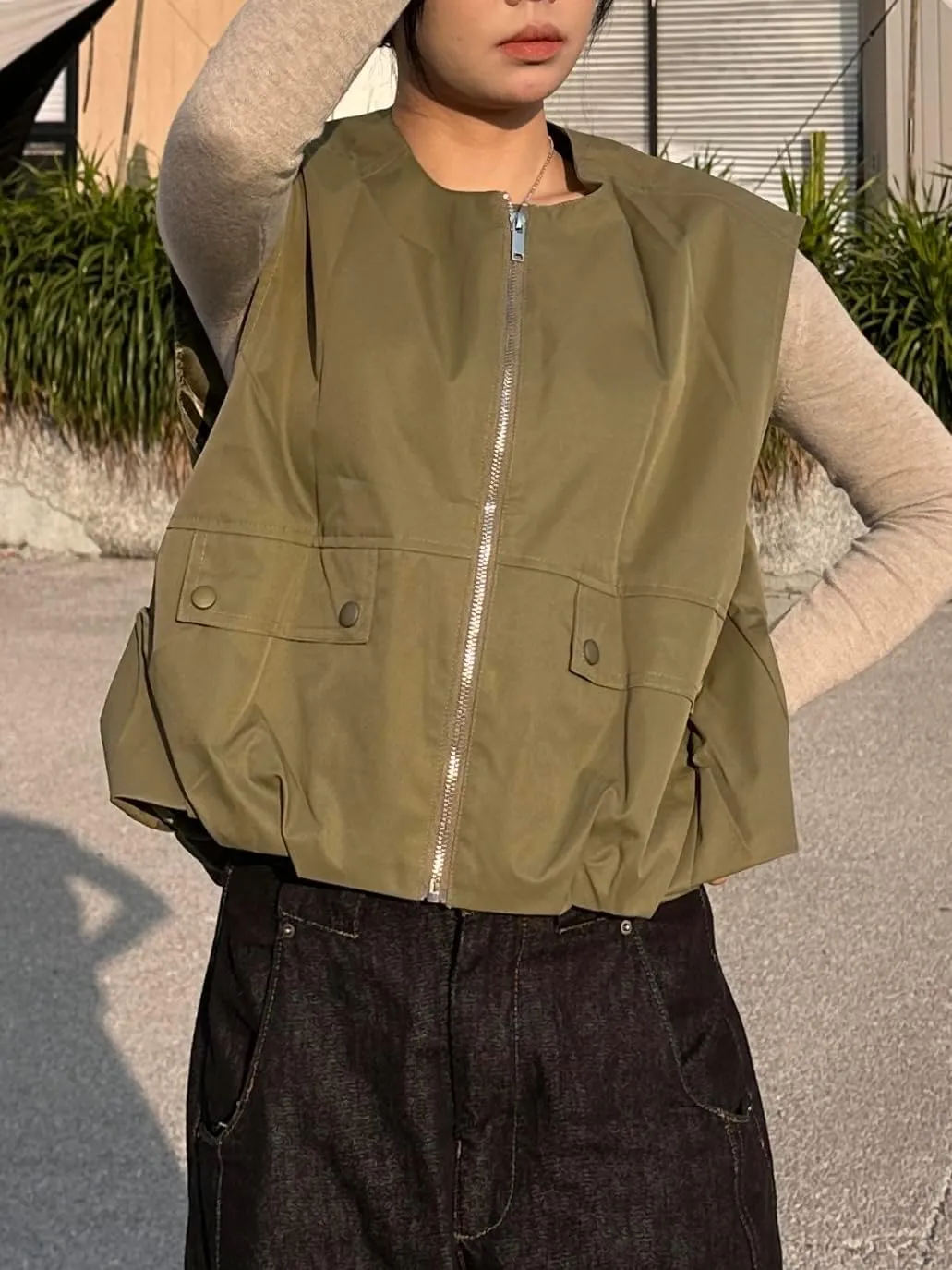 Vest Tops For Women Casual Zip Up Vest Cargo Oversized Ruched Hem Sleeveless Blazer Jackets Tops M-XL