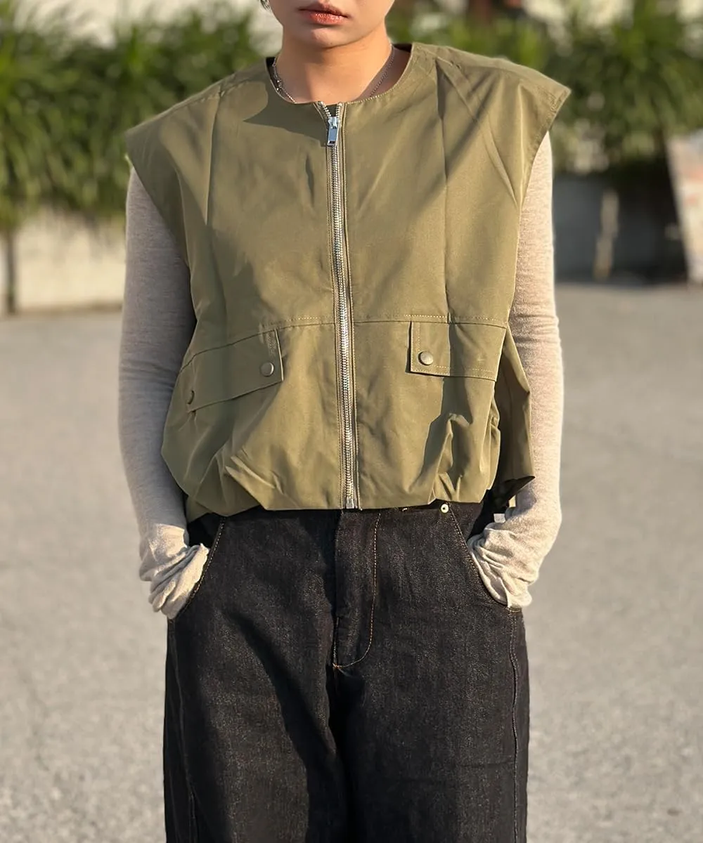 Vest Tops For Women Casual Zip Up Vest Cargo Oversized Ruched Hem Sleeveless Blazer Jackets Tops M-XL