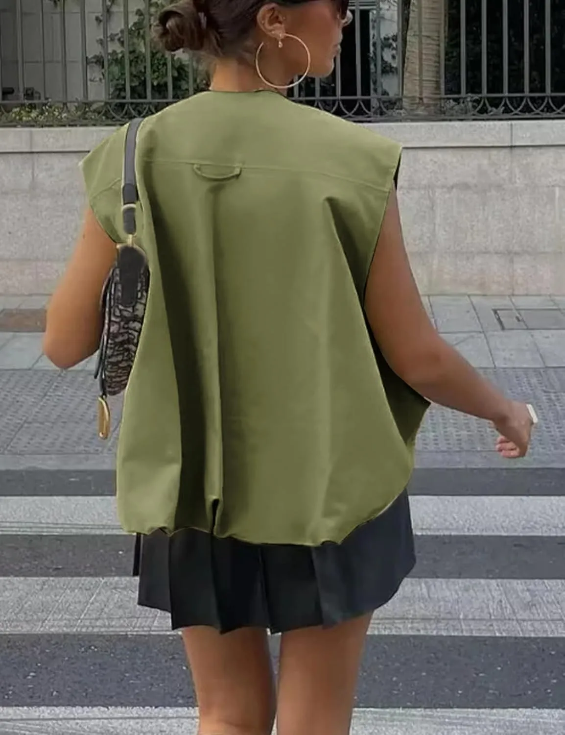 Vest Tops For Women Casual Zip Up Vest Cargo Oversized Ruched Hem Sleeveless Blazer Jackets Tops M-XL