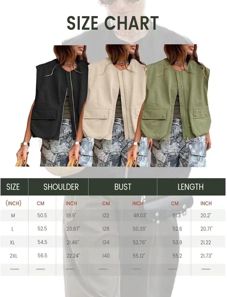 Vest Tops For Women Casual Zip Up Vest Cargo Oversized Ruched Hem Sleeveless Blazer Jackets Tops M-XL