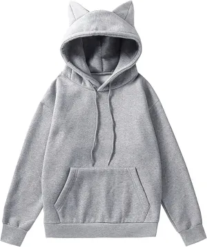 Vickyleb Women's Hoodies Cute Cat Ears Fleece Long Sleeve Pullover Sweatshirts Drawstring Solid Casual Basic Sweatshirt