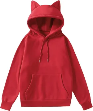 Vickyleb Women's Hoodies Cute Cat Ears Fleece Long Sleeve Pullover Sweatshirts Drawstring Solid Casual Basic Sweatshirt
