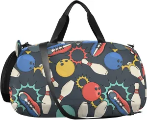 VIGTRO Bowling Vector Seamless Pattern Kids Overnight Travel Duffel Bag Sport Gym Bag for Boys Girls with Shoe Compartment, Carry On Weekender Luggage Bag for Dance Swim Yoga