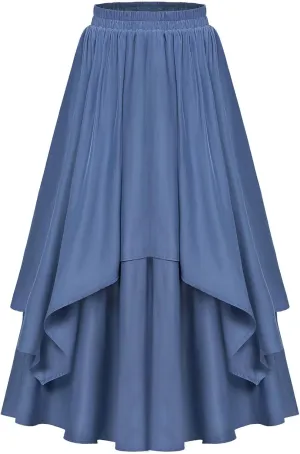 Vintage Ankle-Length Skirts for Women Pleated Tiered Long Skirts High Waisted Asymmetrical Ruffle A Line Maxi Skirt