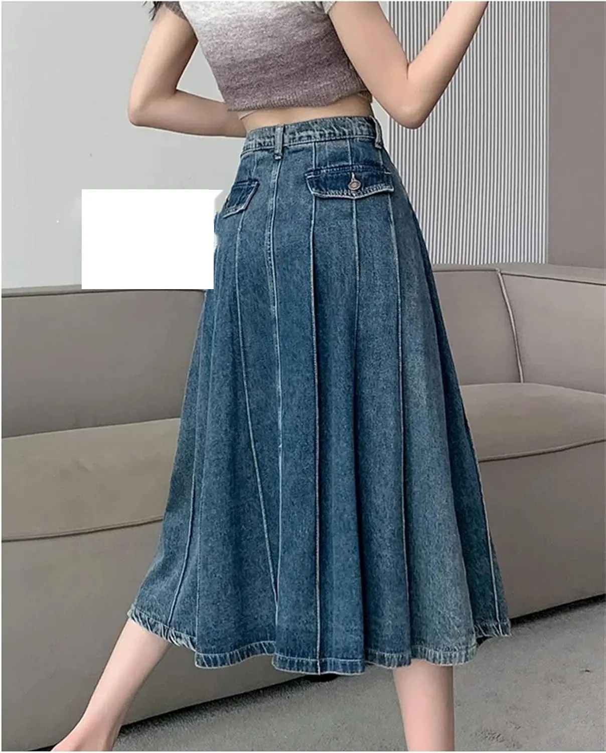 Vintage Pleated Denim Skirt Women High Waist A-Line Midi Skirts