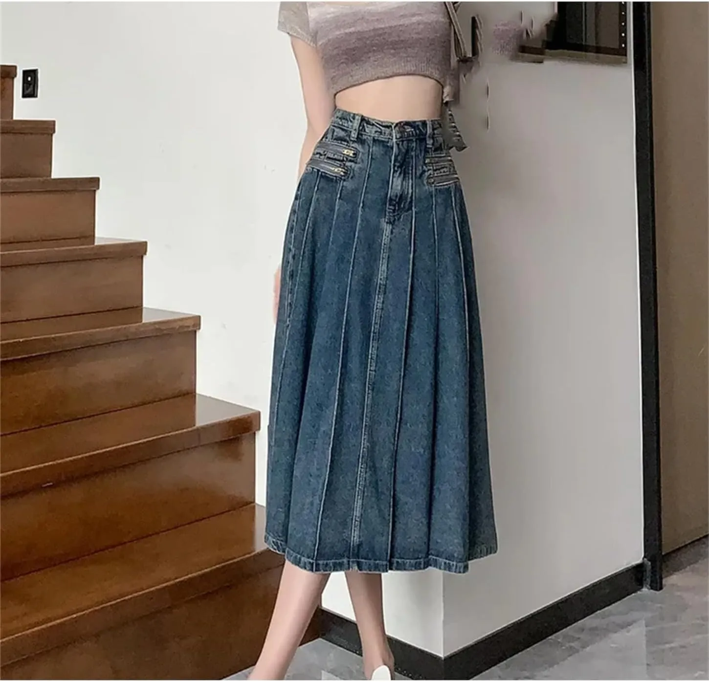 Vintage Pleated Denim Skirt Women High Waist A-Line Midi Skirts