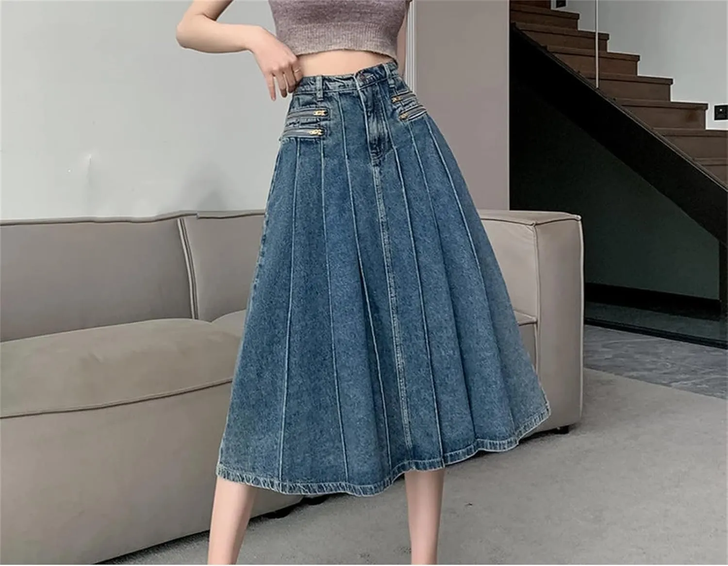 Vintage Pleated Denim Skirt Women High Waist A-Line Midi Skirts
