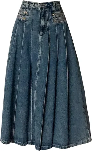 Vintage Pleated Denim Skirt Women High Waist A-Line Midi Skirts