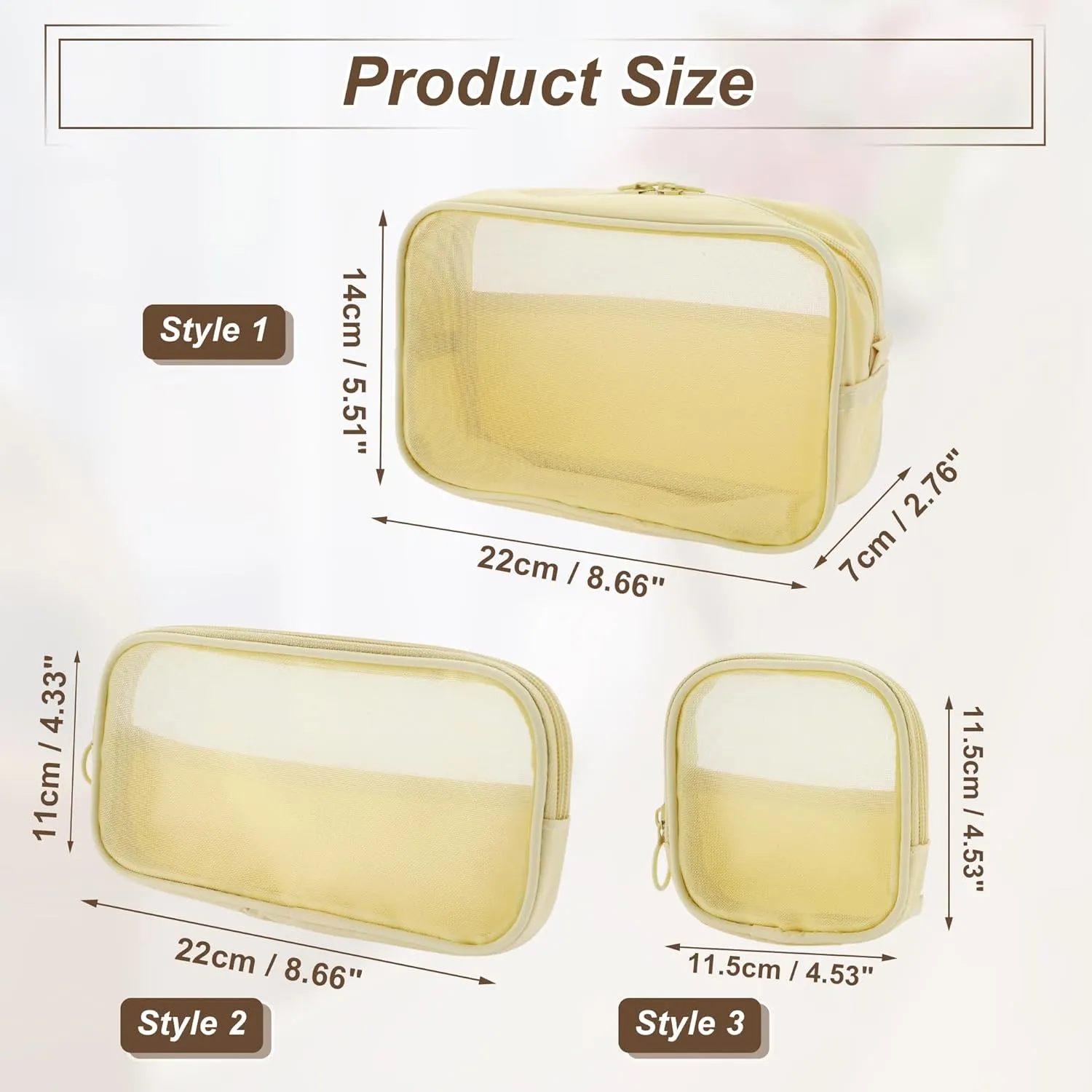 VOCOSTE 3 Pcs Mesh Makeup Bag, Travel Toiletry Bag with Zipper, Makeup Bag Organizer, Travel Cosmetic Bag, Makeup Cosmetic, for Daily Accessories, Beige