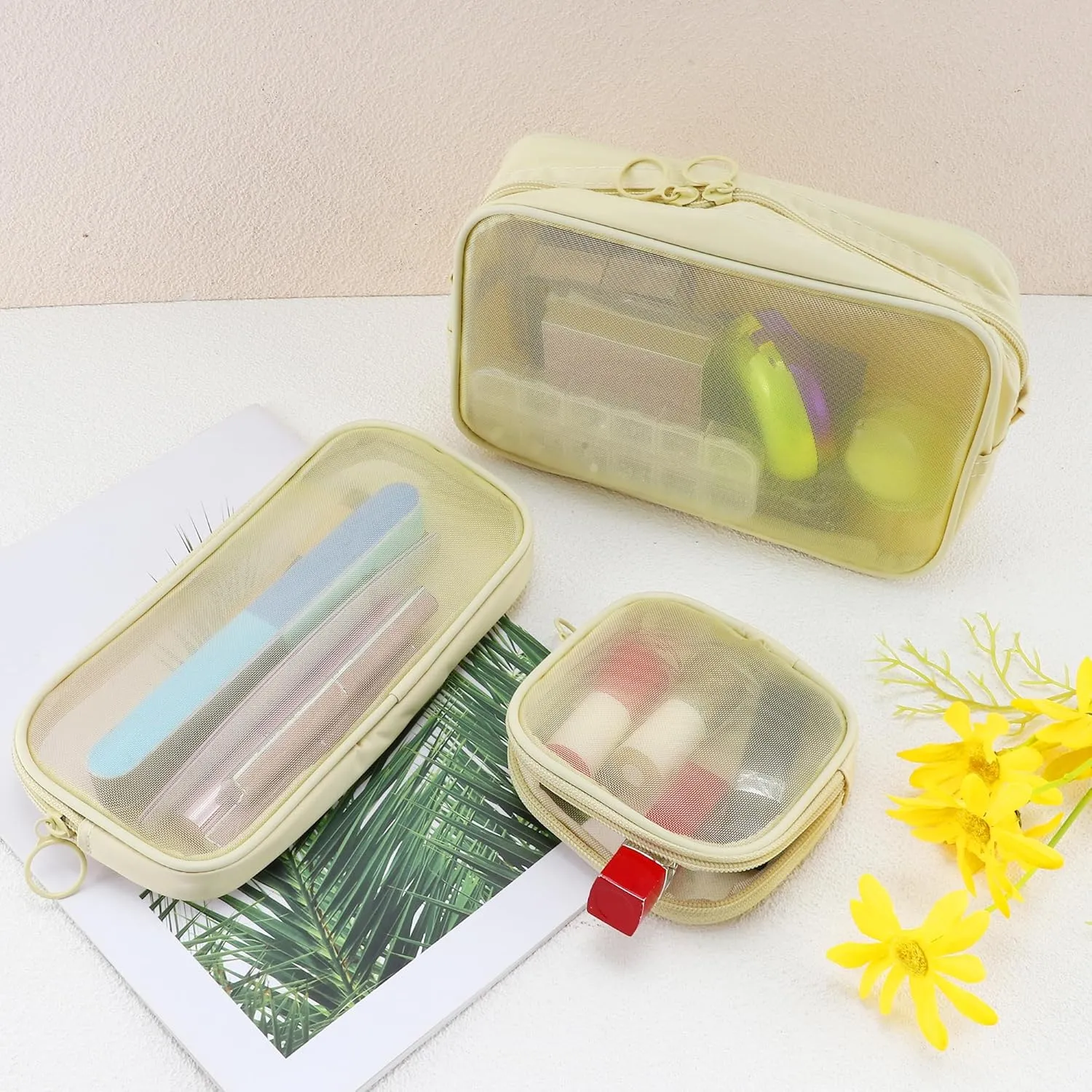 VOCOSTE 3 Pcs Mesh Makeup Bag, Travel Toiletry Bag with Zipper, Makeup Bag Organizer, Travel Cosmetic Bag, Makeup Cosmetic, for Daily Accessories, Beige