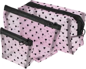 VOCOSTE 3pcs Heart Shape Print Mesh Makeup Bag, Makeup Bag Clear, Mesh Bags with Zipper, Clear Makeup Pouch Mesh Bags, Make Up Bags for Women, Pink