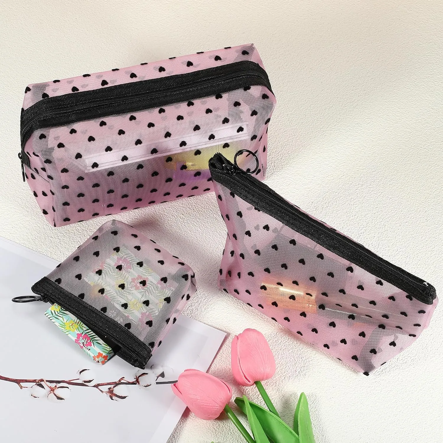 VOCOSTE 3pcs Heart Shape Print Mesh Makeup Bag, Makeup Bag Clear, Mesh Bags with Zipper, Clear Makeup Pouch Mesh Bags, Make Up Bags for Women, Pink