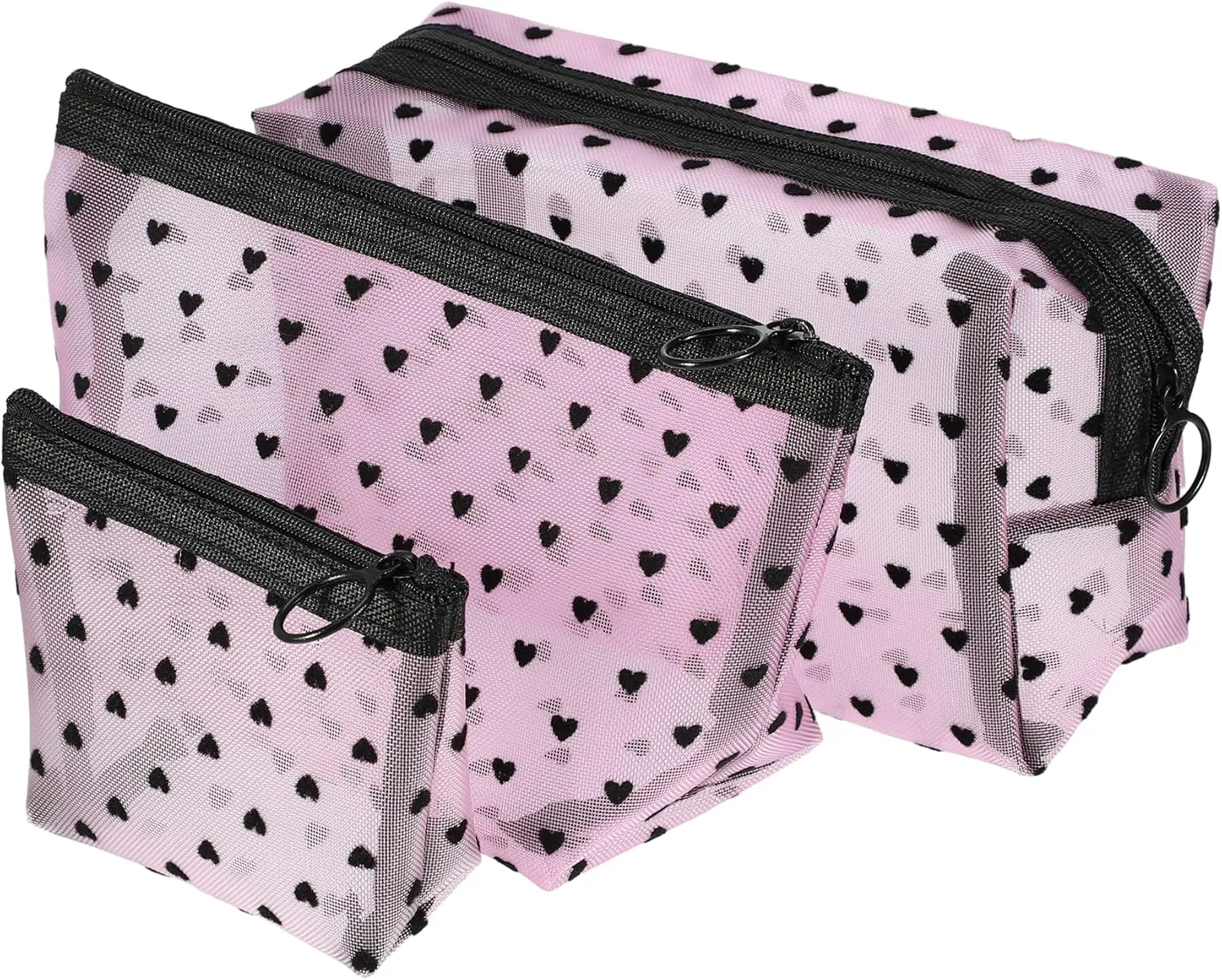 VOCOSTE 3pcs Heart Shape Print Mesh Makeup Bag, Makeup Bag Clear, Mesh Bags with Zipper, Clear Makeup Pouch Mesh Bags, Make Up Bags for Women, Pink