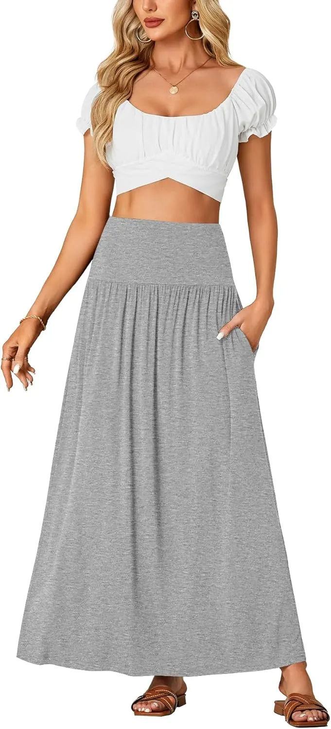 Vrtige Women's Casual Elastic High Waist Flowy A-line Pleated Long Maxi Skirt with Pockets