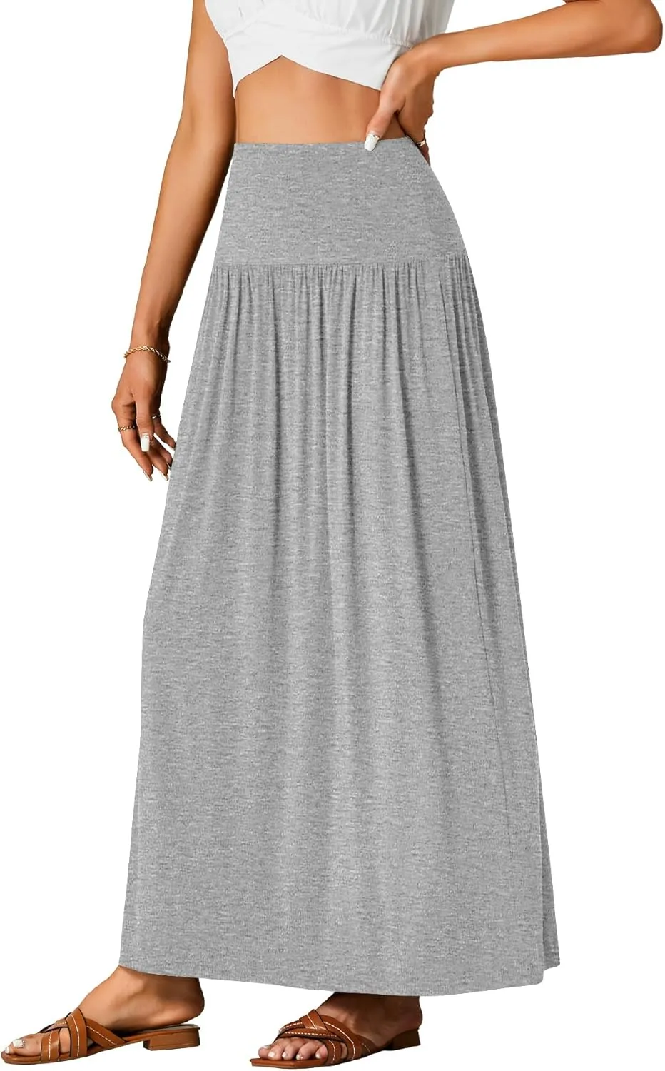 Vrtige Women's Casual Elastic High Waist Flowy A-line Pleated Long Maxi Skirt with Pockets