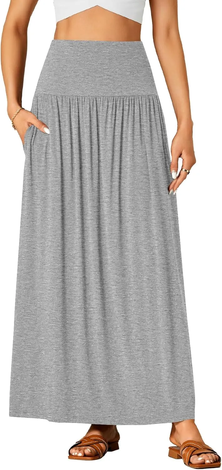 Vrtige Women's Casual Elastic High Waist Flowy A-line Pleated Long Maxi Skirt with Pockets