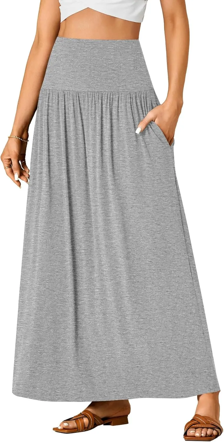 Vrtige Women's Casual Elastic High Waist Flowy A-line Pleated Long Maxi Skirt with Pockets