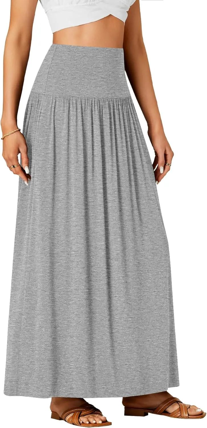 Vrtige Women's Casual Elastic High Waist Flowy A-line Pleated Long Maxi Skirt with Pockets