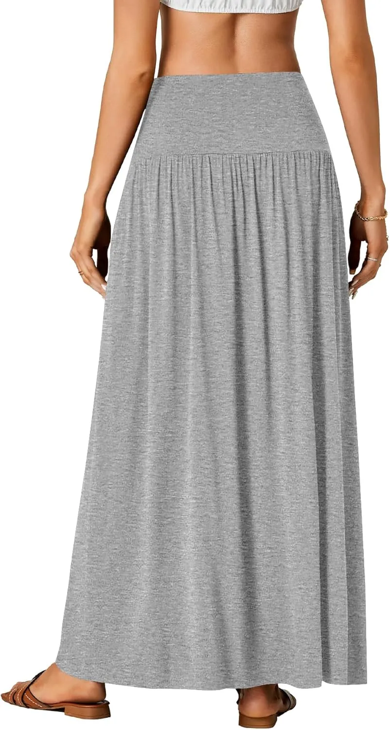 Vrtige Women's Casual Elastic High Waist Flowy A-line Pleated Long Maxi Skirt with Pockets