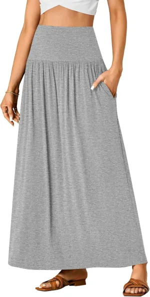 Vrtige Women's Casual Elastic High Waist Flowy A-line Pleated Long Maxi Skirt with Pockets