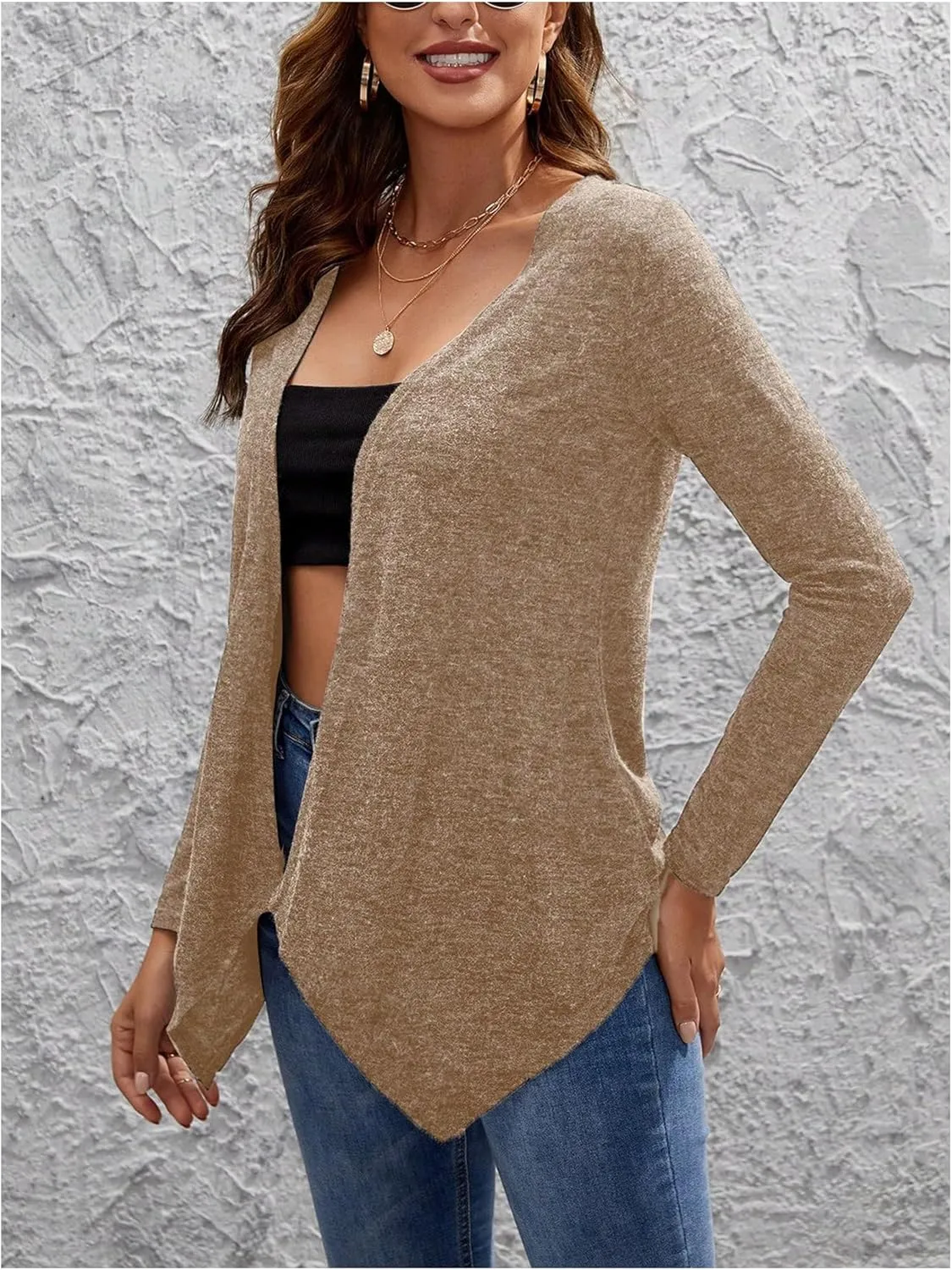 WDIRARA Women's Marled Knit Asymmetrical Hem Cardigan Sweaters Long Sleeve Open Front Jacket
