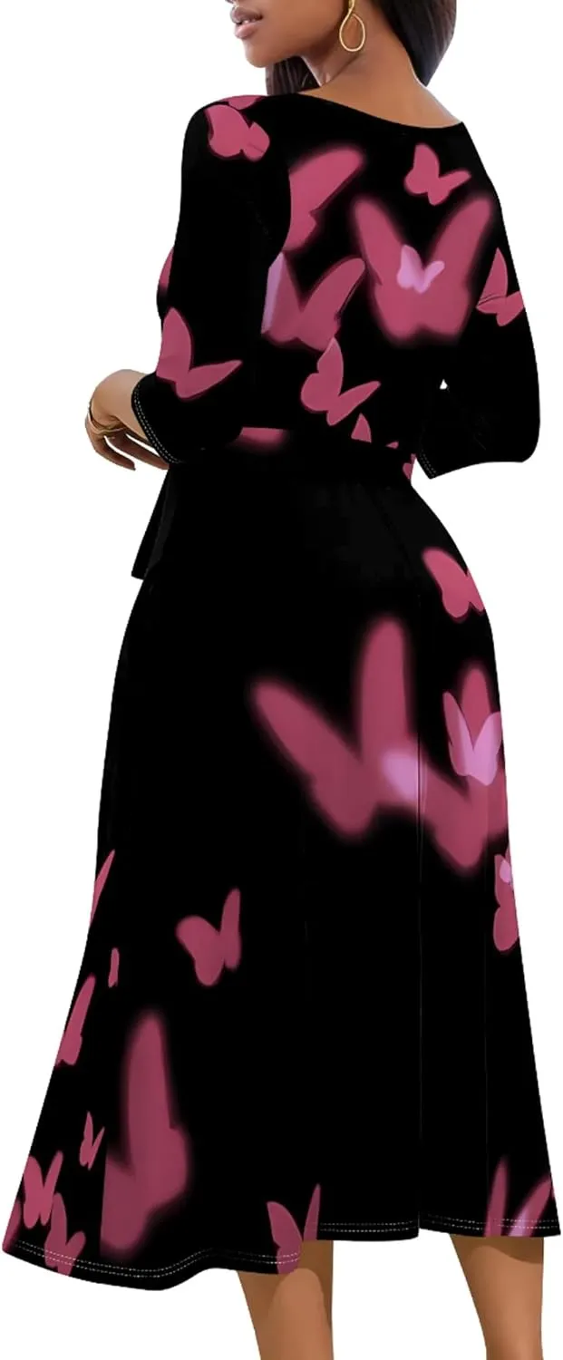 Wedding Guest Dresses for Women Casual 3/4 Sleeve V Neck Wrap Belt Trendy with Pockets A-Line Elegant Cocktail Party Dress