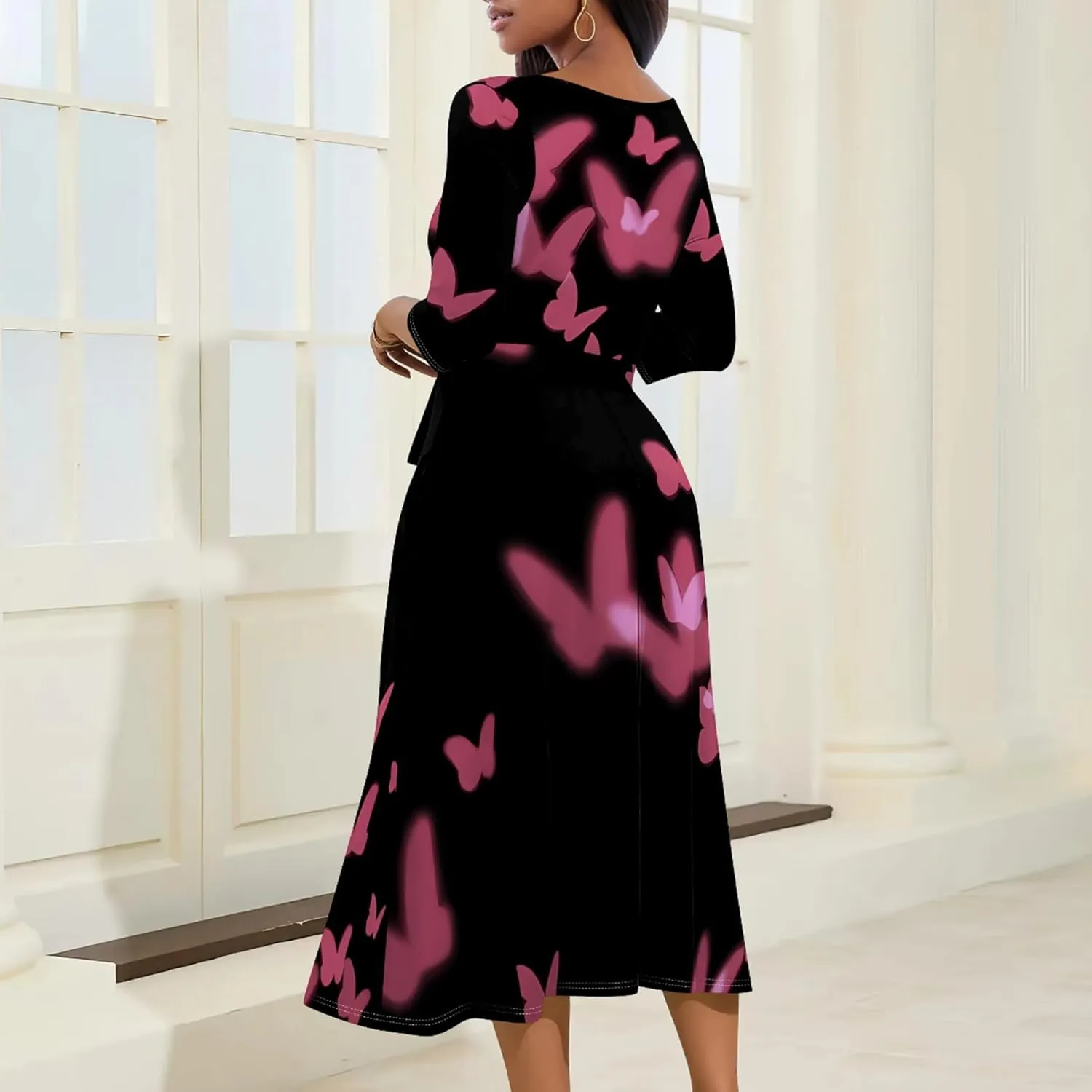 Wedding Guest Dresses for Women Casual 3/4 Sleeve V Neck Wrap Belt Trendy with Pockets A-Line Elegant Cocktail Party Dress