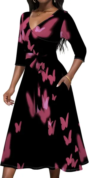 Wedding Guest Dresses for Women Casual 3/4 Sleeve V Neck Wrap Belt Trendy with Pockets A-Line Elegant Cocktail Party Dress