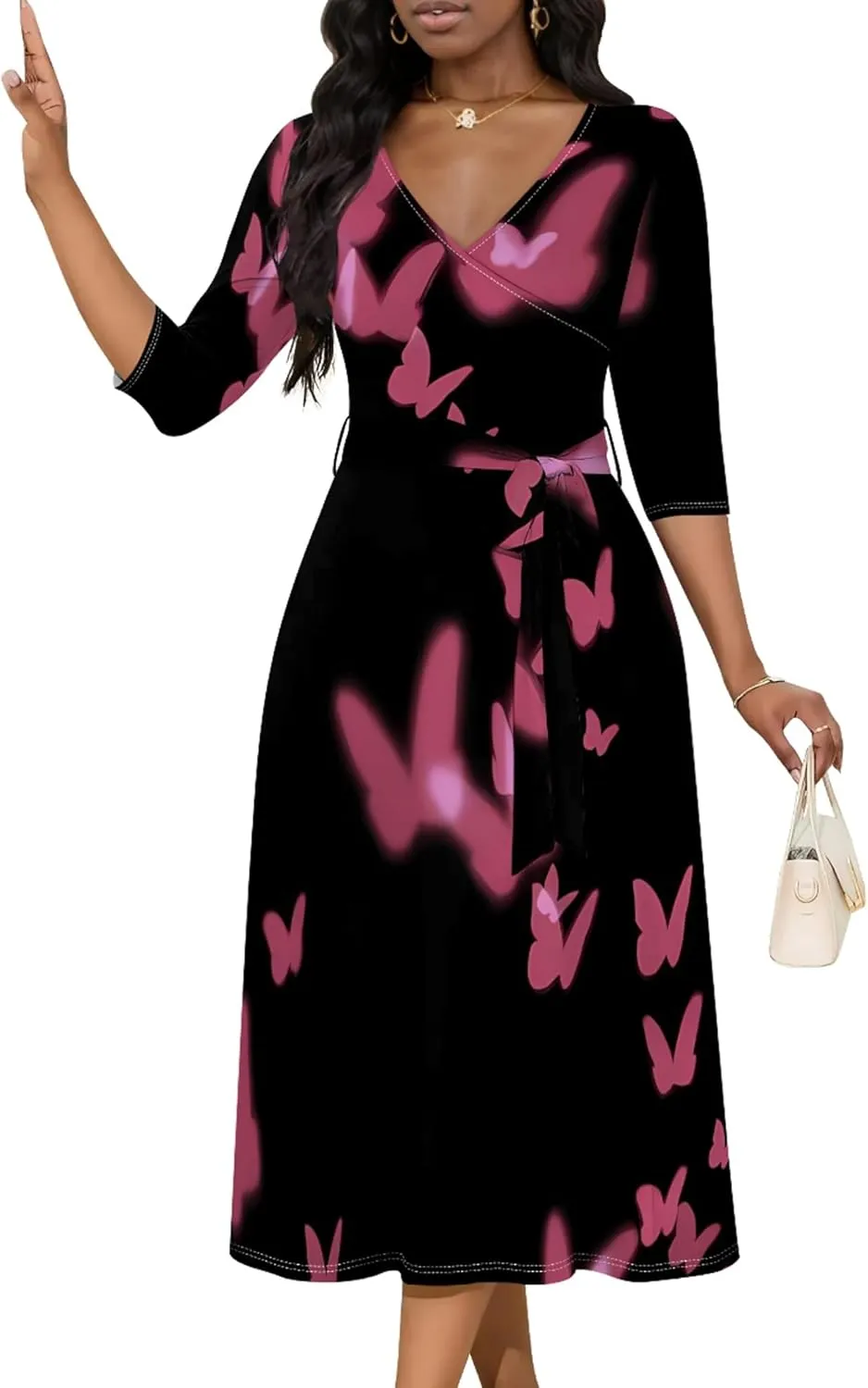 Wedding Guest Dresses for Women Casual 3/4 Sleeve V Neck Wrap Belt Trendy with Pockets A-Line Elegant Cocktail Party Dress