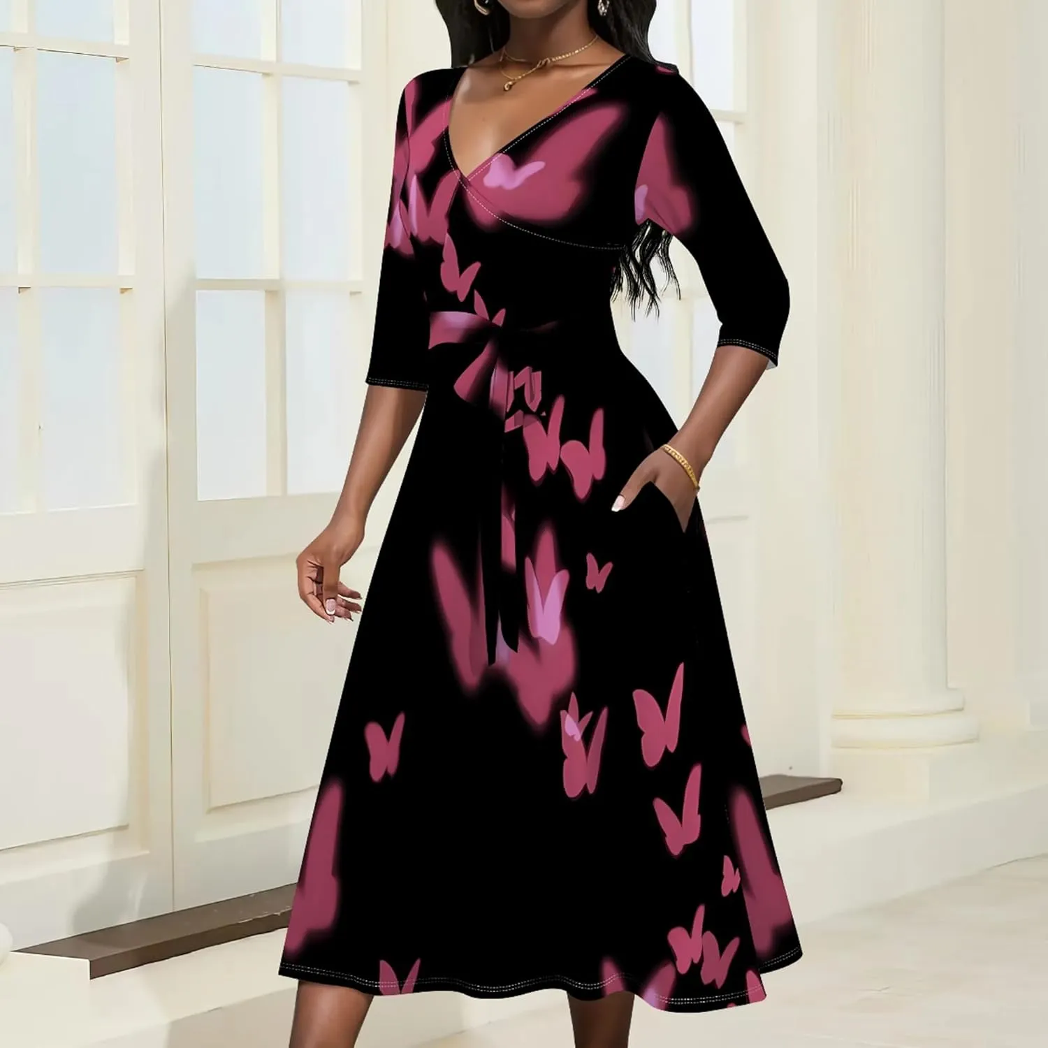 Wedding Guest Dresses for Women Casual 3/4 Sleeve V Neck Wrap Belt Trendy with Pockets A-Line Elegant Cocktail Party Dress