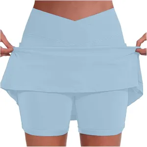 Women Athletic Tennis Skorts with Pockets 2 in 1 Golf Skirt Crossover High Waisted Sports Skorts Built-in Shorts