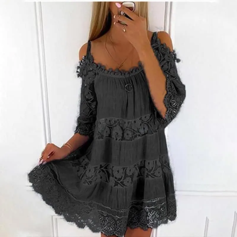 Women Boho Lace Floral Cold Shoulder Midi Dress Spaghetti Strap Half Sleeve Casual Flowy Beach Vacation Dress