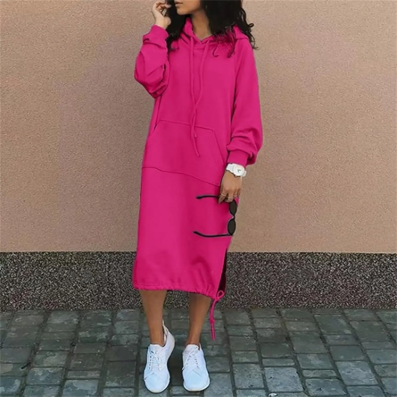 Women Casual Maxi Hoodies Split Hem Drawstring Hooded Long Sleeve Sweatshirt Fashion Long Dress with Pockets