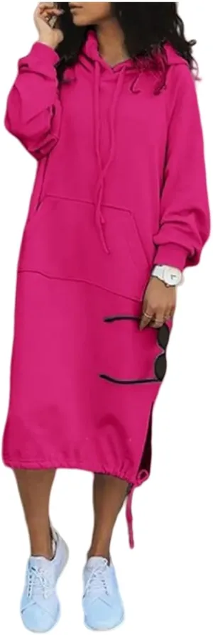 Women Casual Maxi Hoodies Split Hem Drawstring Hooded Long Sleeve Sweatshirt Fashion Long Dress with Pockets