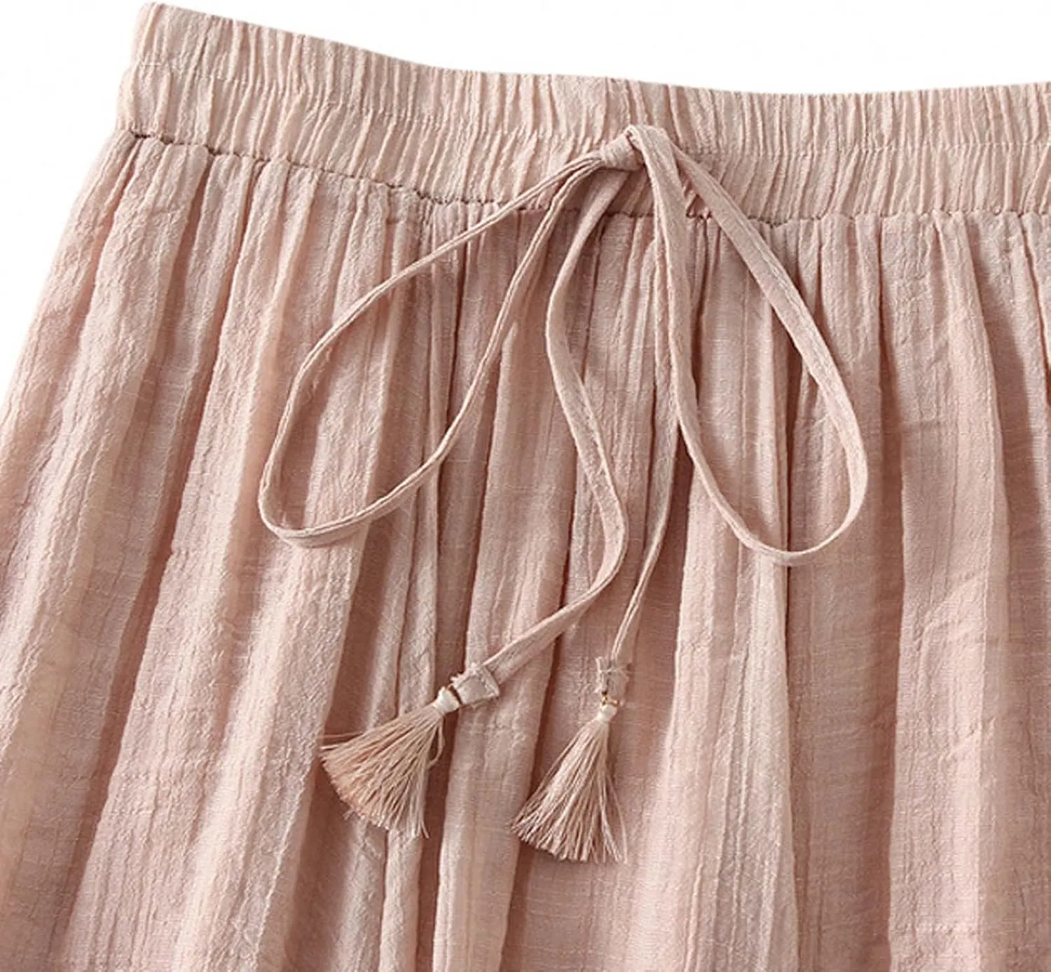 Women Cotton Linen Skirt Solid Elastic Waisted Pleated Long Skirt Summer Casual Flowy Beach Holiday Bohemian Skirts